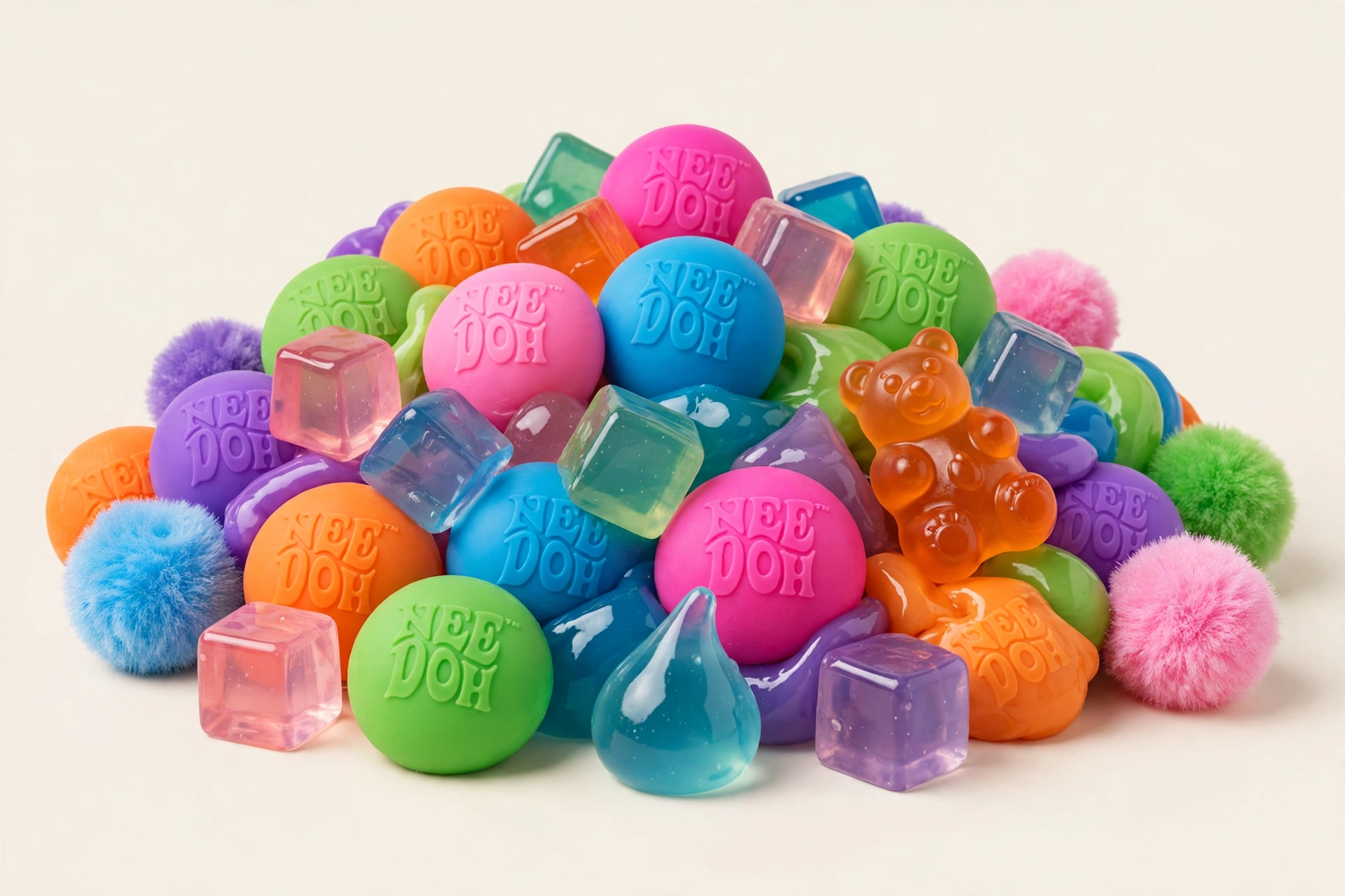 A big pile of colourful NeeDoh squishies — cubes, gummy bears, fuzz balls and drops